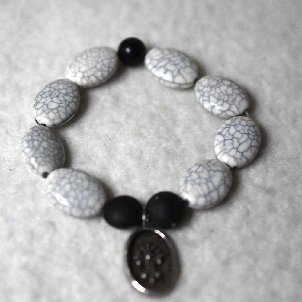 Night Cross Black/White/Blue Stone Beaded 5" Silver Tone Charm Gothic Bracelet